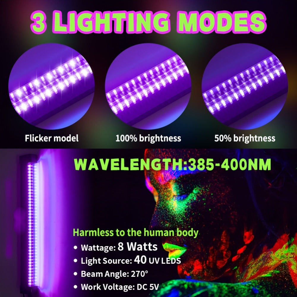 UV Black Light Bars & Strips 8-Piece Set – 385-400nm USB Powered 5V LED Blacklight for Glow Party, Halloween, Neon Party, Body Paint & Fluorescent Art (4x32cm + 4x250cm) - product image 2