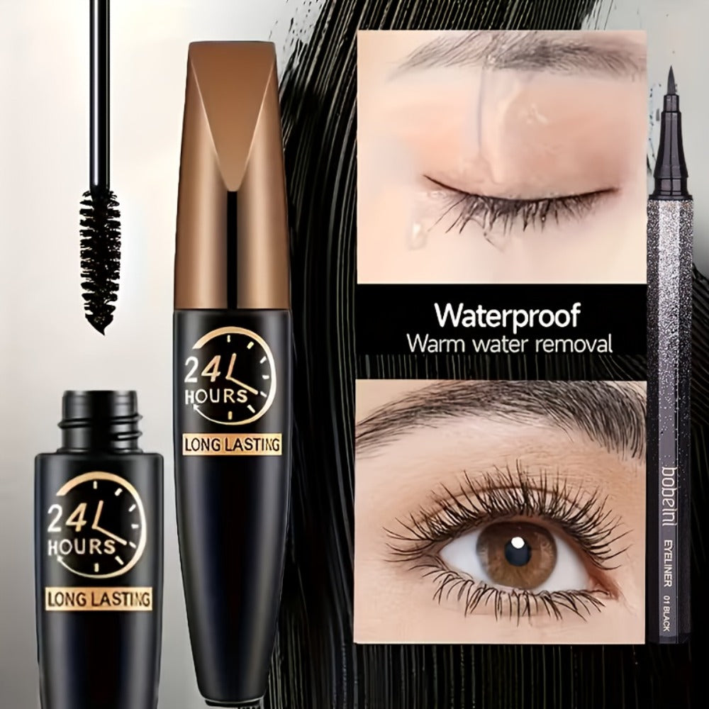 8D Fiber Mascara Set 2 Pcs Volumizing Lengthening Smudge-Proof Waterproof Long-Lasting Lash Extension Enhancer with Eyeliner Pencil Bold Black Eye Makeup Gift for Her - product image 4