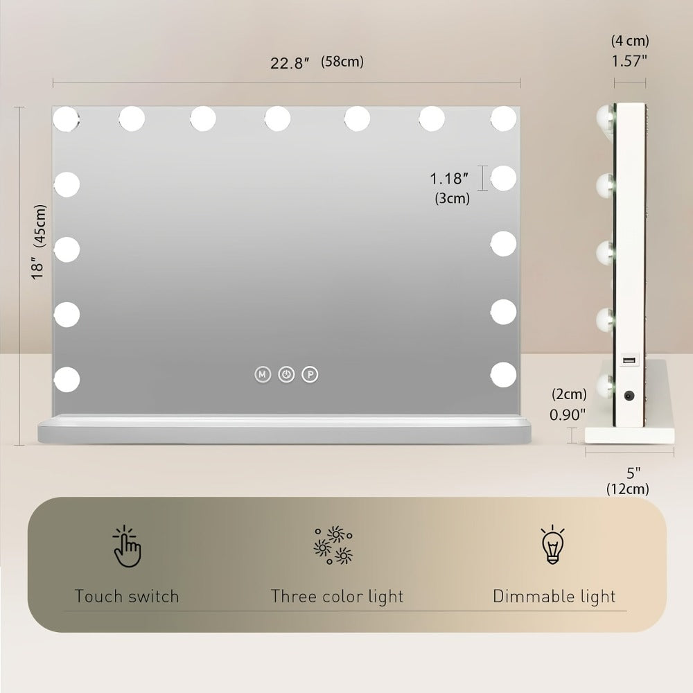 Hollywood Vanity Mirror with Lights – 15 LED Bulbs, 3 Color Modes, Dimmable Brightness, 23x18 Inch, USB & Type-C Charging, Touch Control, Desk & Wall Mount, Metal Frame Makeup Mirr - product image 3