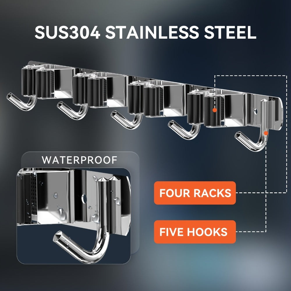 Wall Mounted Broom & Mop Holder – 304 Stainless Steel Broom Organizer with 4 Racks & 5 Hooks – Rustproof Non-Slip Wall Broom Hanger for Kitchen, Garage, Bathroom, Laundry & Closet  - product image 2