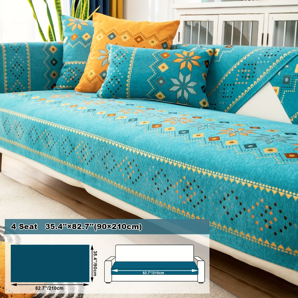 Bohemian Chenille Sofa Cover | Geometric Print Non-Slip Couch Slipcover, Thick Plush Boho Style, 1 to 4 Seat, Armrest & Backrest, Machine Washable, Sectional Sofa Protector - product image 9