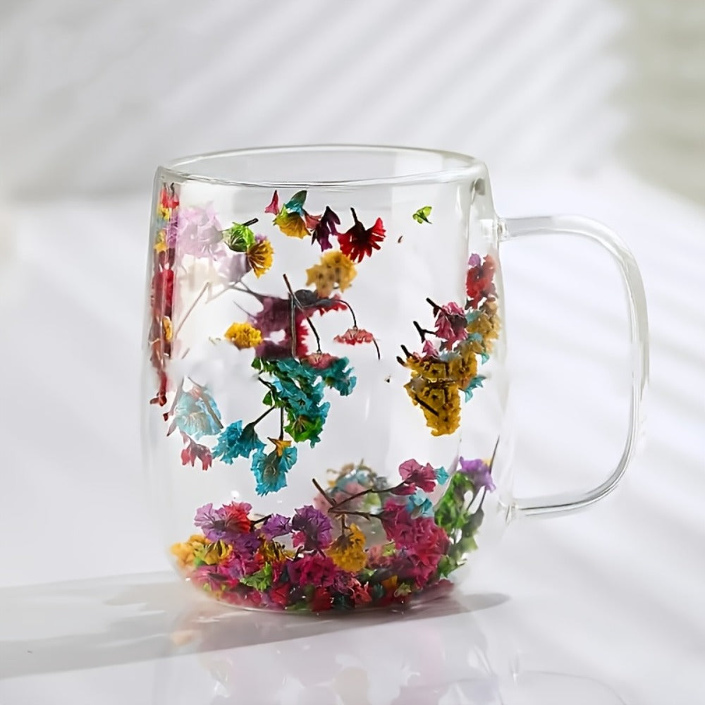 Double Wall Glass Coffee Cups with Handle Set of 4 – Borosilicate Thermal Mugs for Latte Cappuccino Tea | Dried Flower & Petal Design Transparent Drinkware for Office Home Gifts - product image 6