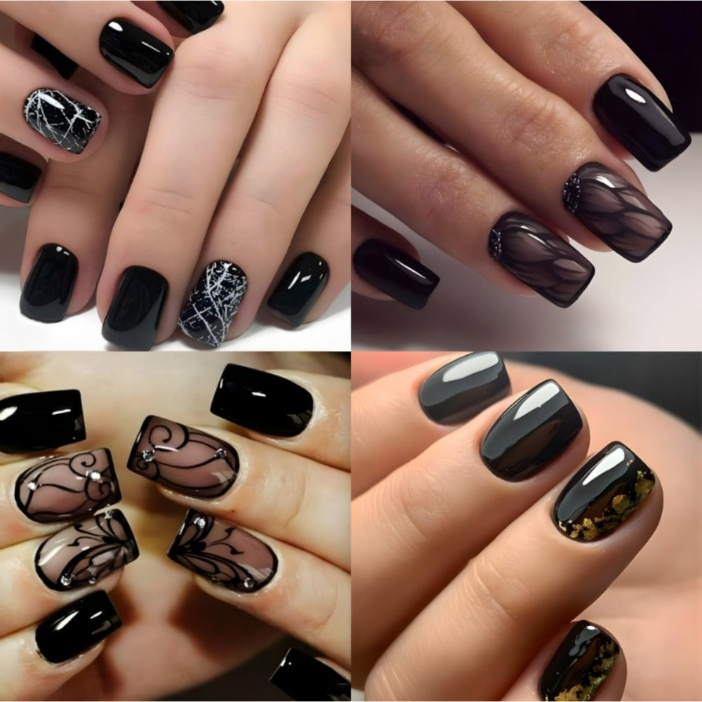 Black Press On Nails Short Square 96 Pieces – Ice Crack Crackle Design Glossy Full Cover Fake Nails for Women Girls | Edgy Alternative Nail Art Kit | Summer Party Concert Festival  - product image 2