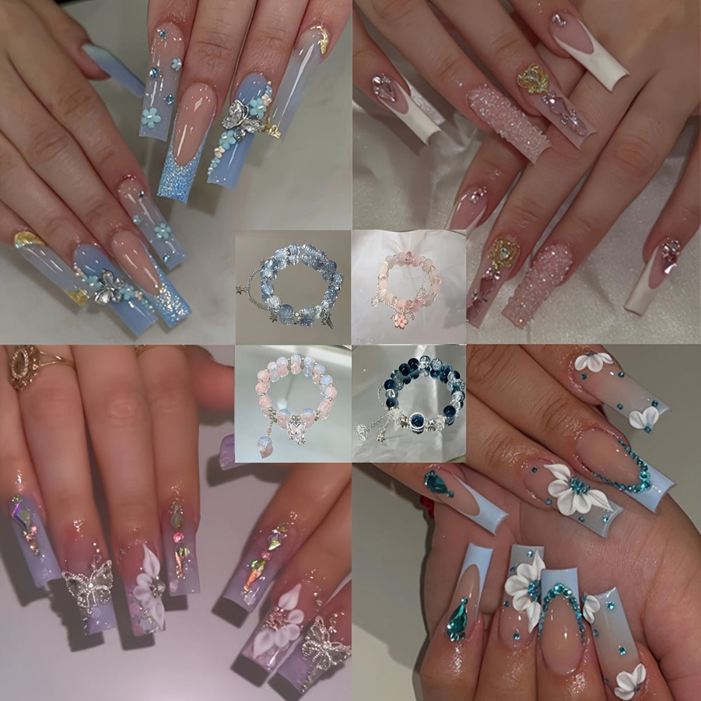 Long Ballerina Press On Nails 96 Pieces 4 Packs + 4 Bracelets Gift Set – Blue Gradient 3D Flower Butterfly Rhinestone Glossy Full Cover False Nails & Beaded Bangles for Women Girls - product image 3