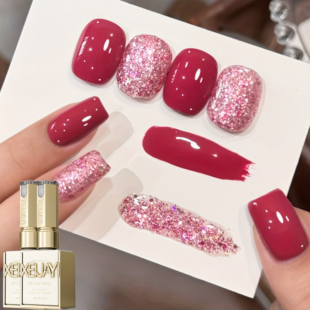 Glitter Gel Nail Polish Set 2pcs – Candy Holographic Sequin Nude Pink Sparkling Semi Permanent Soak Off UV LED Nail Art Varnish Manicure Kit for Women - product image