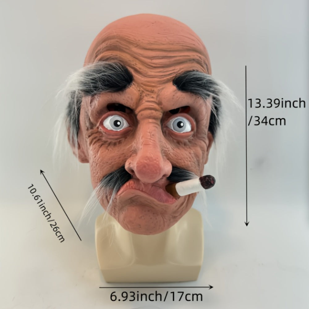 Old Man Grandpa Latex Full Head Mask with Beard | Realistic Smoking Elderly Halloween Costume for Adults Cosplay Theater Pranks Funny Disguise Prop Costume Party