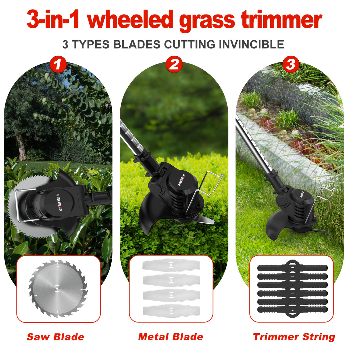 Portable Cordless Electric Lawn Mower, 3-in-1 Trimmer Edger Shrub Cutter W/ Adjustable Height & Rotating Head 3 Blades & 2 High-Capacity Lithium Batteries - product image 2
