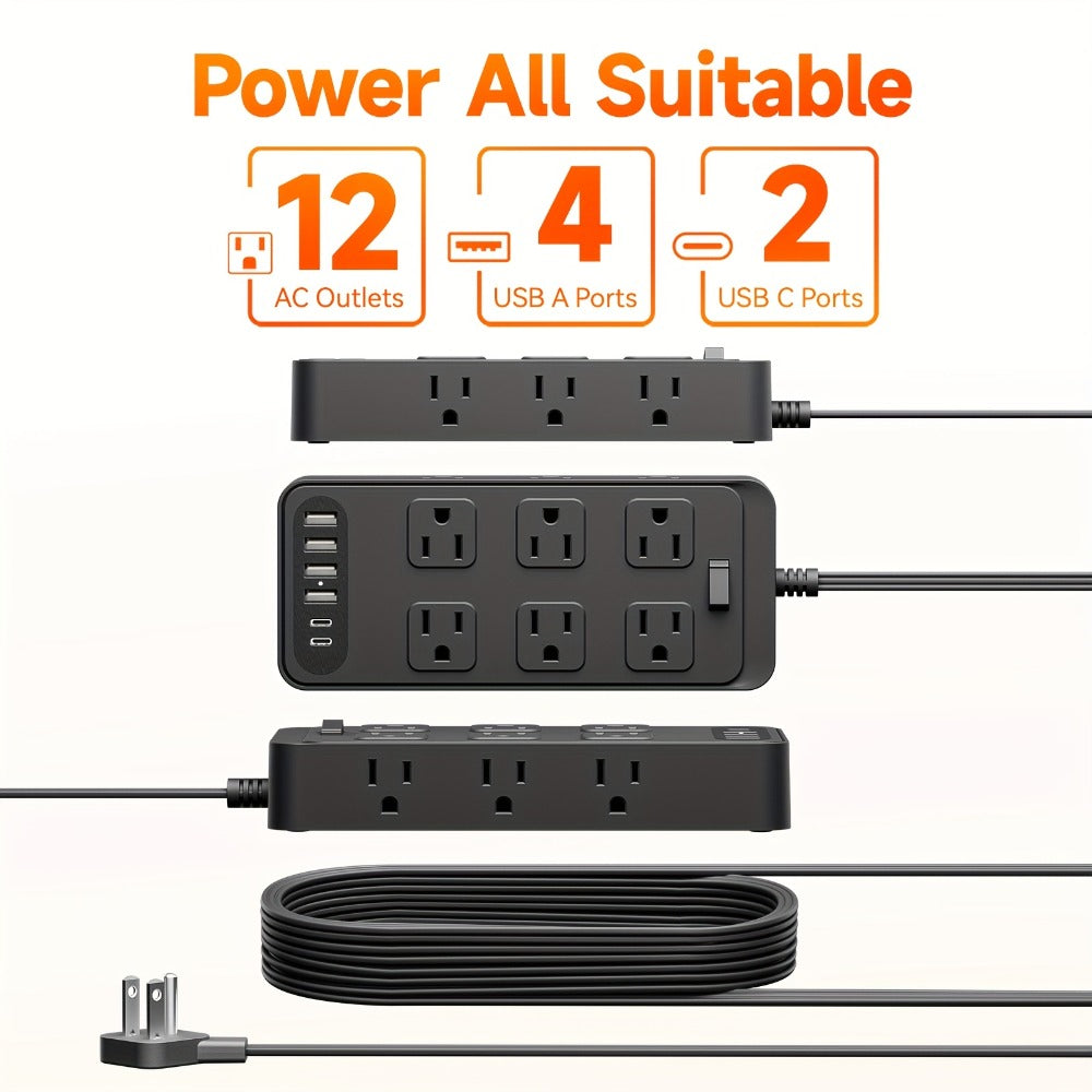 USB Extension Cord Power Strip 18-in-1 with 12 AC Outlets 6 USB Ports Surge Protector Overload Protection Switch 5FT 10FT for Home Kitchen Office Travel Accessories Black White - product image 12