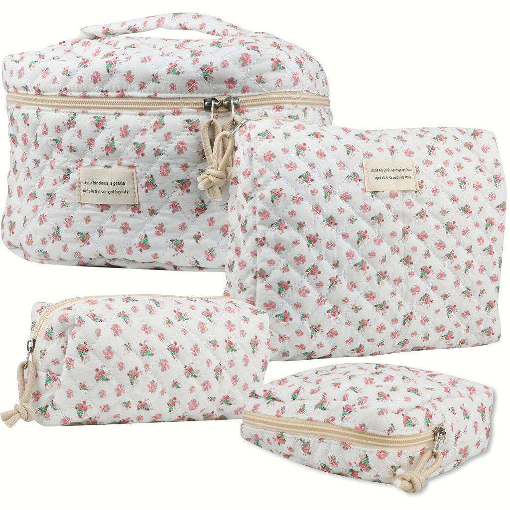 Quilted Makeup Bag Set 4-Piece Floral Rose Coquette Aesthetic Premium Cotton Cosmetic Organizer Travel Toiletry Pouch 4 Sizes for Women Girls Vanity Bathroom Gift - product image 18