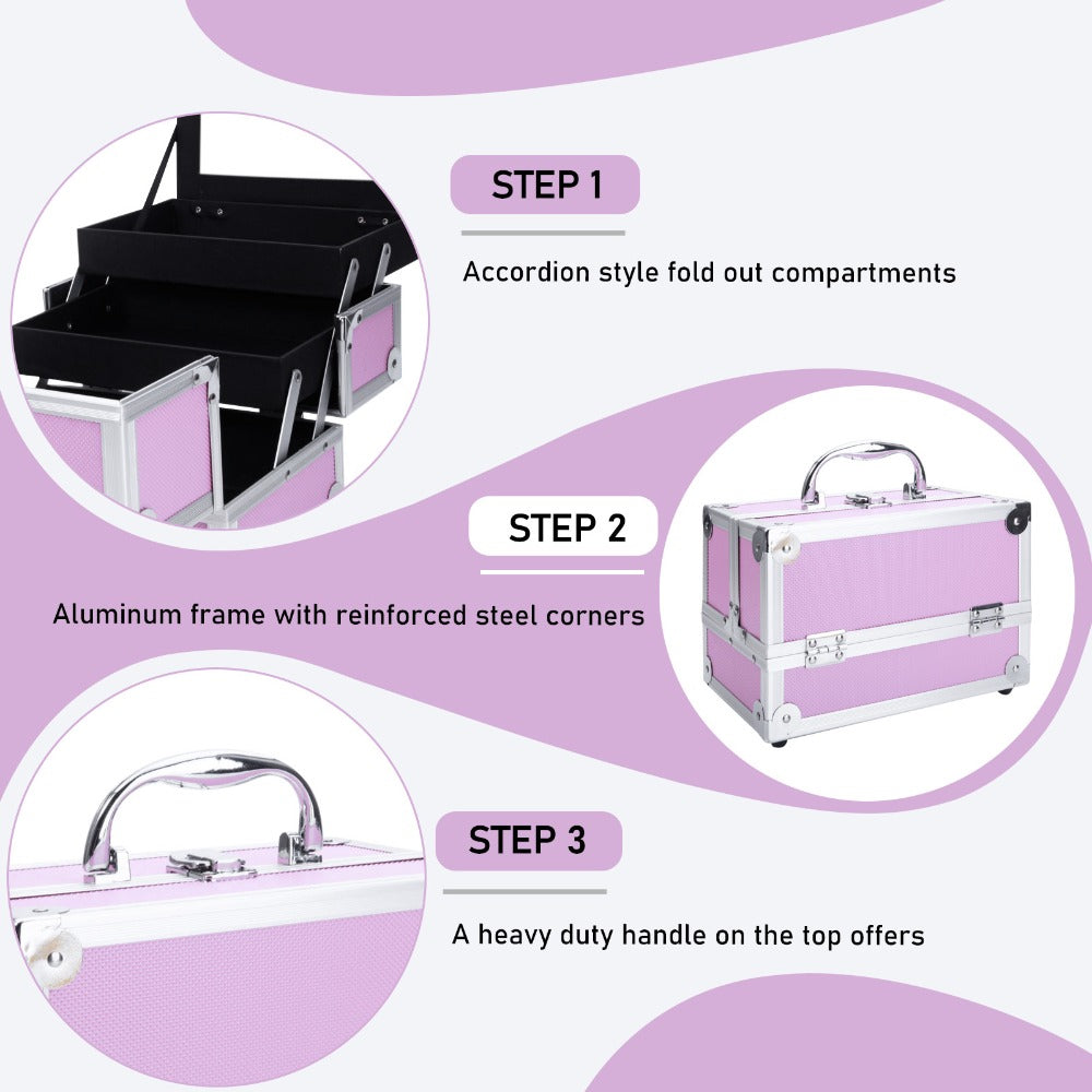 Aluminum Makeup Train Case with Wheels Large Capacity Lockable Cosmetic Trolley Organizer Adjustable Dividers Retractable Handle for Makeup Artists Salon Travel Black Silver Pink B - product image 25