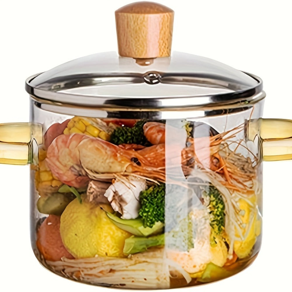 Borosilicate Glass Pot with Lid 50oz Stovetop & Microwave Safe – Double Heat-Resistant Handles for Soup, Milk & Porridge | Transparent Glass Saucepan Kitchen Cooker with Yellow or  - product image 2