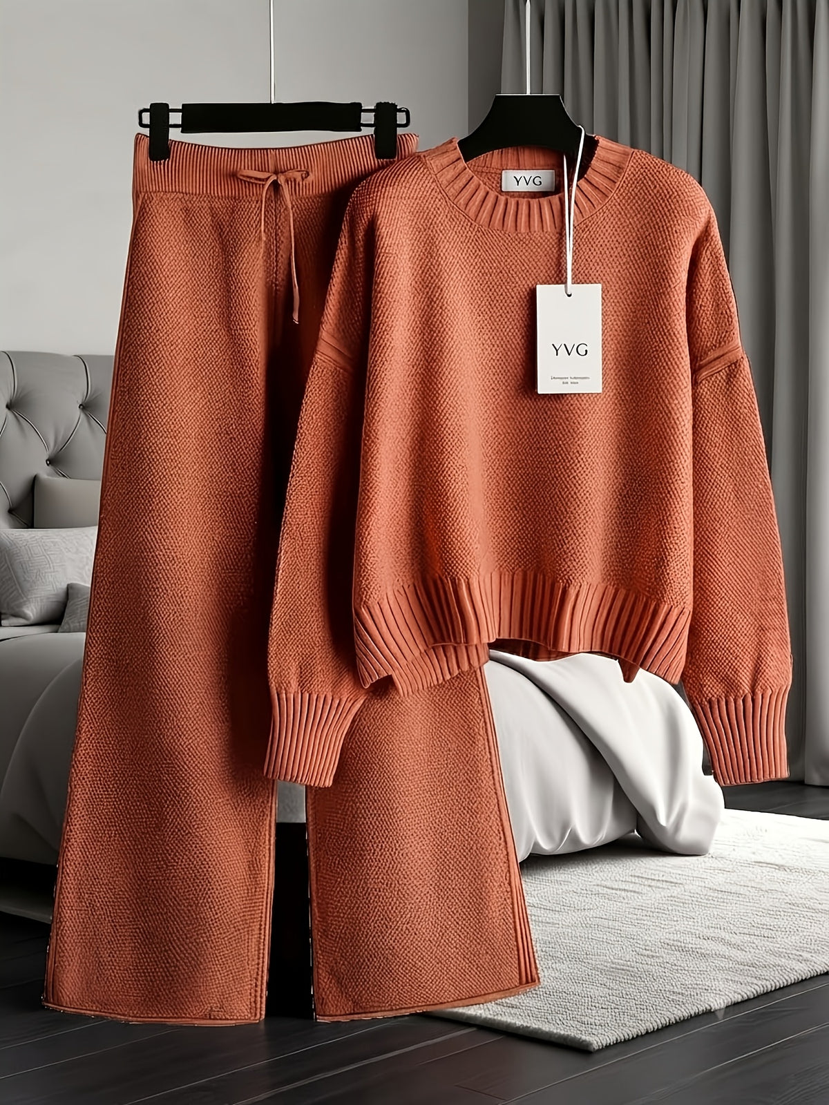 Authentic - Women's Early Autumn Comfortable and Breathable Waffle Texture Two-Piece Set: Round Neck Shoulder- Long Sleeve Hoodie, High-Waist Wide-Leg - product image 2