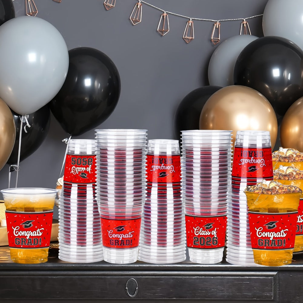 2026 Graduation Party Cups in Black Red Blue Green Purple Maroon for Graduation Ceremony, Reception, Celebration & School Color Party Drinkware Bulk | Graduation Plastic Mugs 100 Pack 14oz