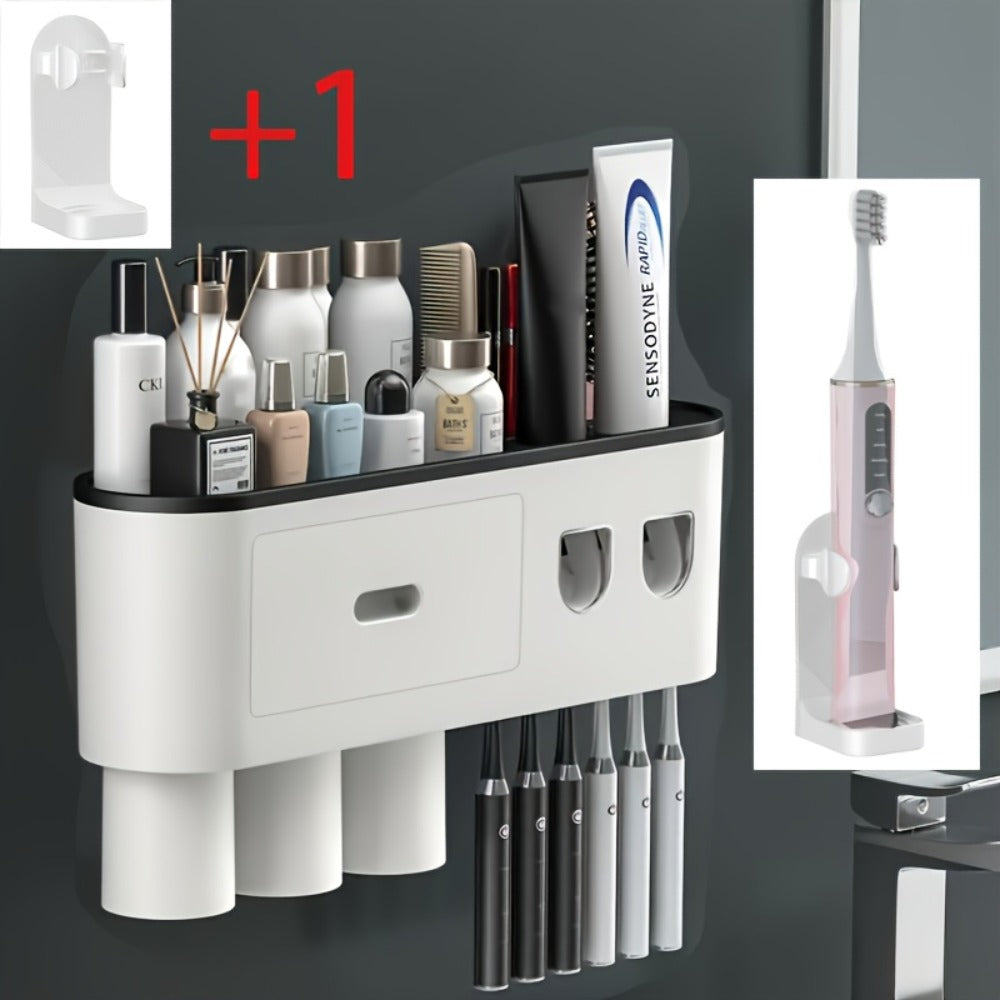 Wall Mounted Toothbrush Holder with Automatic Toothpaste Dispenser - 3 Cups Bathroom Organizer, Space-Saving Toothbrush Cup Holder for Family, Black & Gray - product image 5