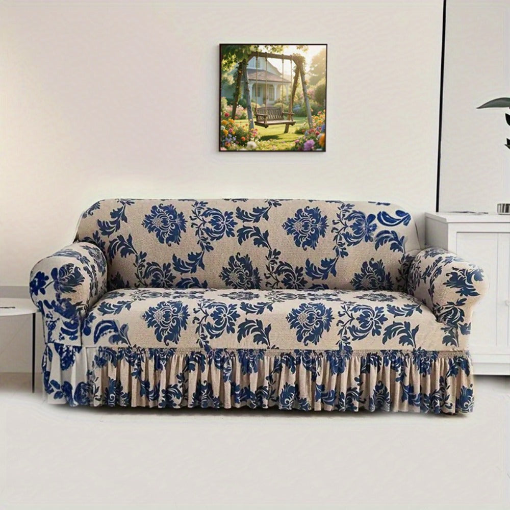 Stretch Sofa Cover Slipcover High-Stretch Fabric Ruffle Skirt Non-Slip Rod All-Season Snug Fit for 1 2 3 4 Seater Couch — Dark Blue with Pillow Cover - product image 7