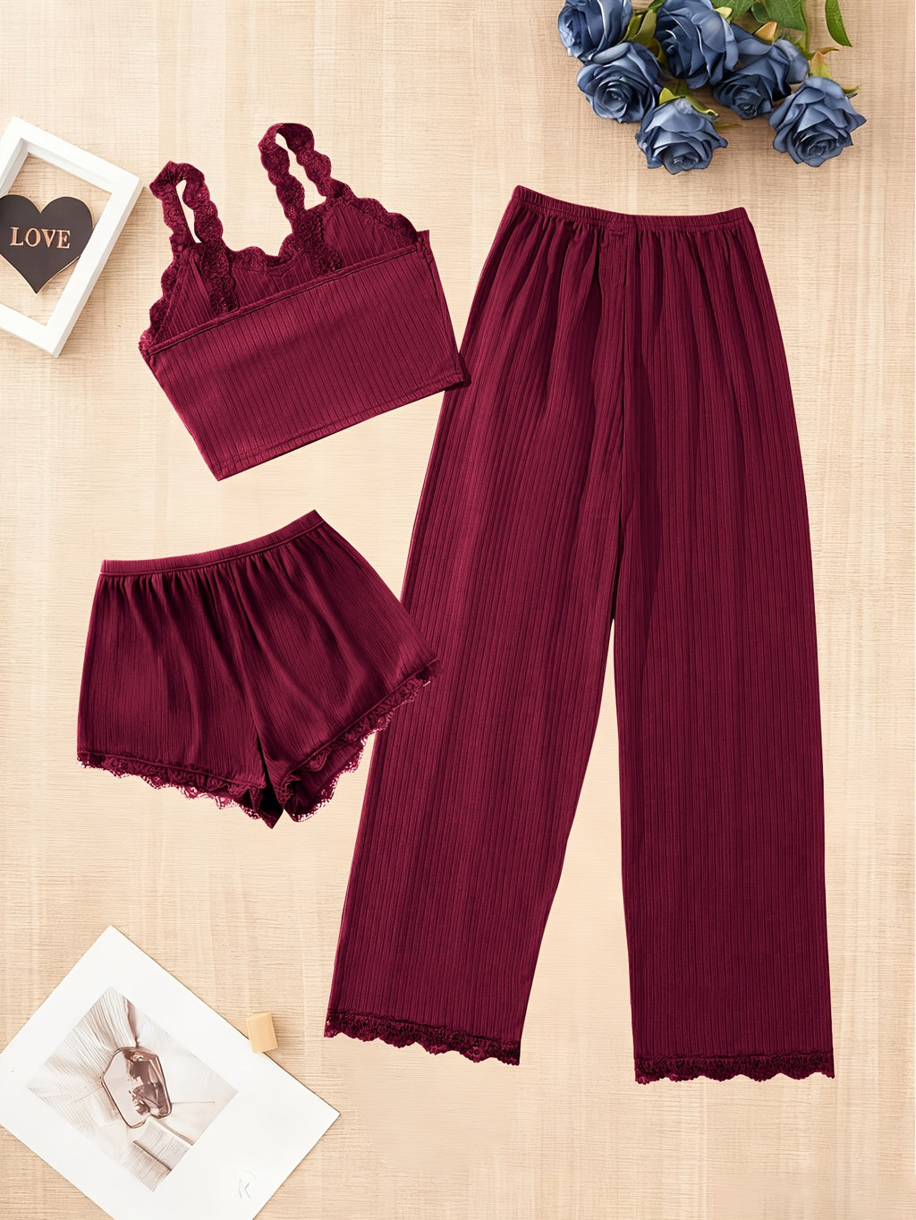 Random Delivery, 3pcs Plus Size Ladies Four Seasons Sexy Lace Suspender Home Service Suit (including Trousers, Shorts and Vest), Black-burgundy-grayish Blue - product image 4
