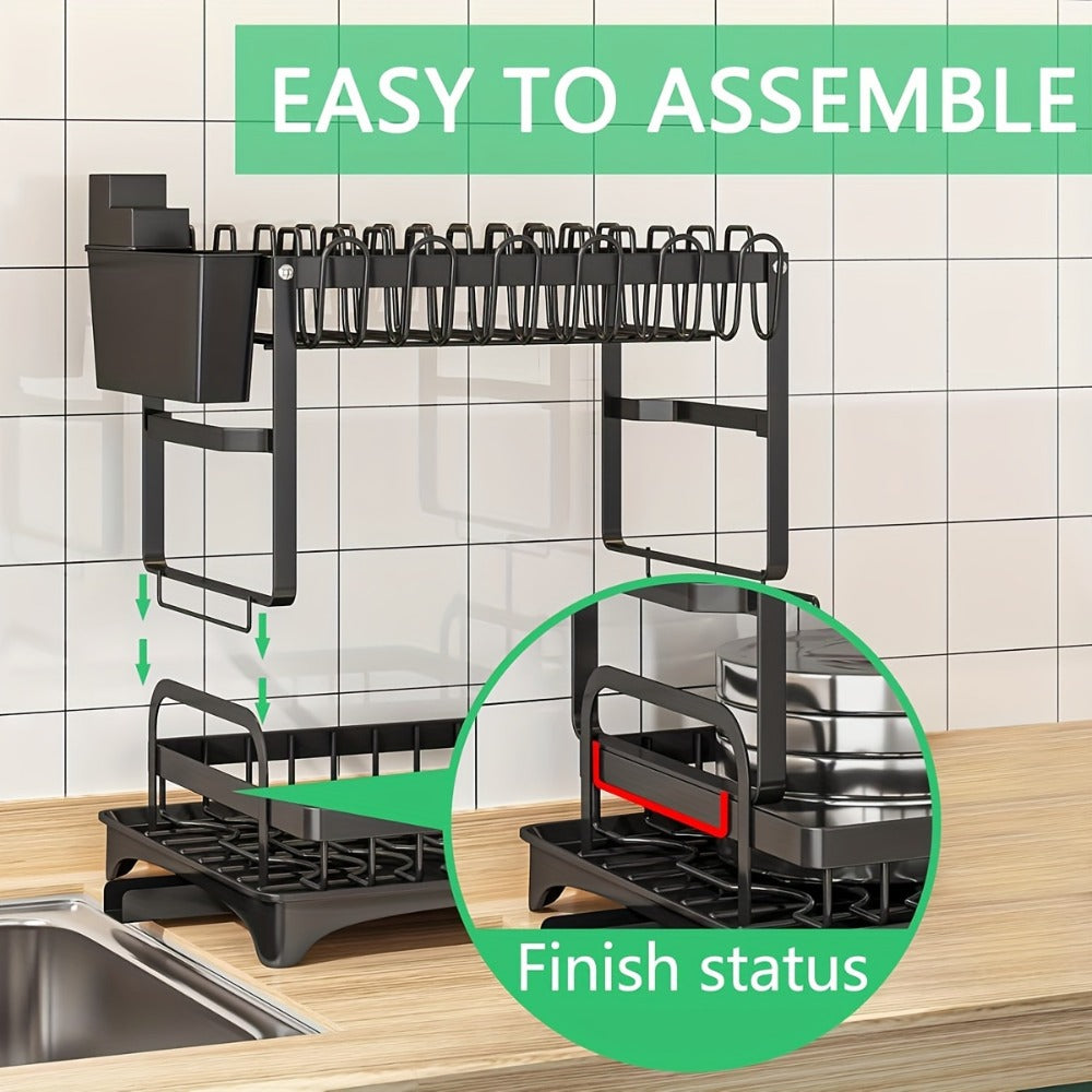 2-Tier Metal Dish Drying Rack with Drainboard – Kitchen Counter Dish Drainer Compact Countertop Drying Rack Black White Gray - product image 5