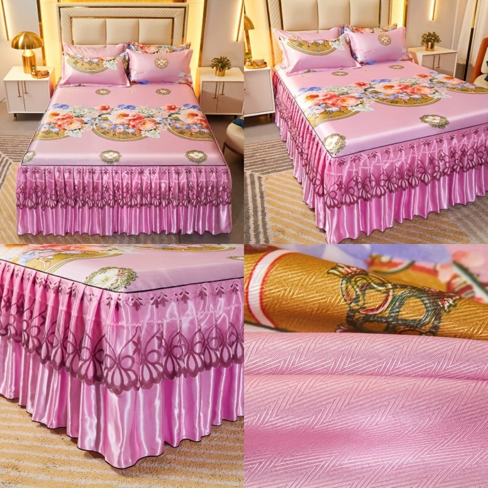 Floral Ruffle Bed Skirt Cool Mat 3 Piece Set with Pillowcase, Double Layer 360° Full Wrap Washable Cooling Mattress Cover, Breathable Summer Bedding Set for Twin Full Queen King, P - product image 31