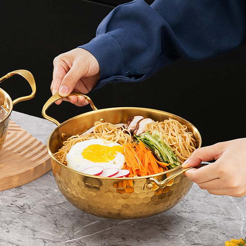 3-Piece Golden Stainless Steel Ramen Pot Set with Lids – Textured Surface Pots for Home Camping Outdoor Parties Picnics – Non-Stick Dishwasher Safe Cookware for Noodles Soups Curries