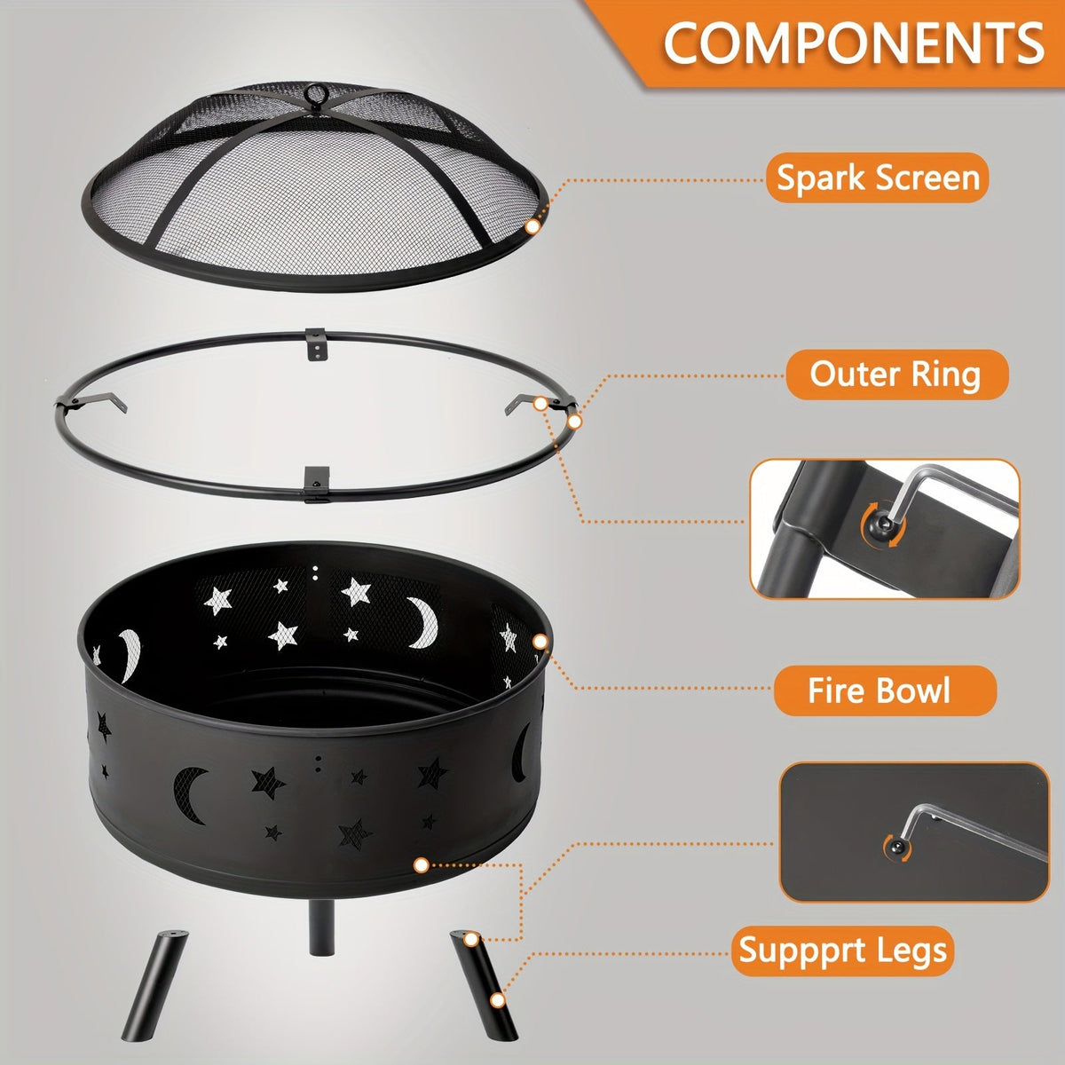 Fire Pit 30 Inch Round Wood Burning Outdoor Backyard Patio Steel Bowl with Spark Screen Mesh Lid Star Moon Cutout Carrying Ring Poker Included Black - product image 4