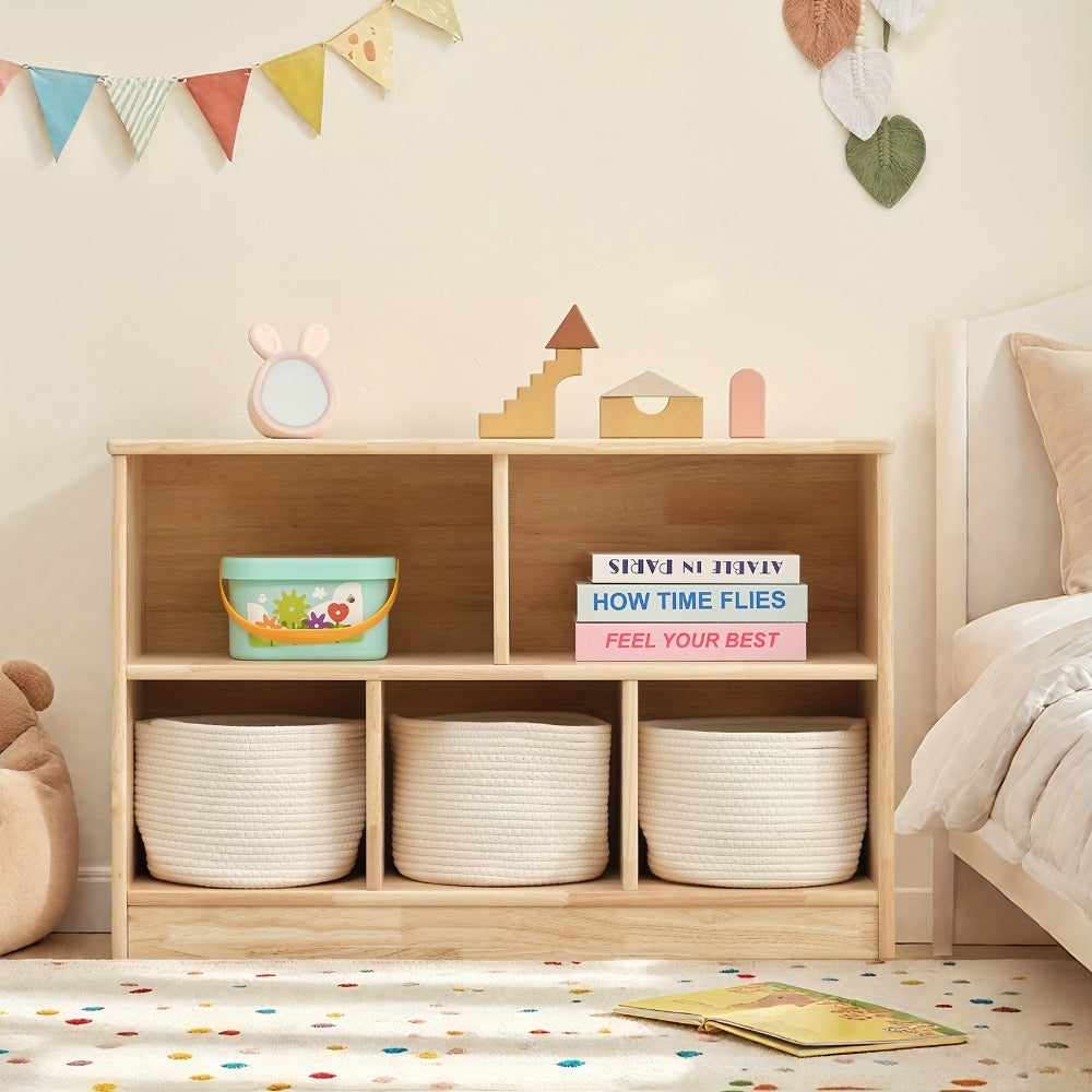 Rubber Wood 5-Compartment Bookshelf 35.4" – 2-Tier Wooden Storage Cabinet for Classroom, Playroom & Preschool | Kids Book Organizer Shelf for Daycare, Bedroom & Living Room | 5-Sec - product image