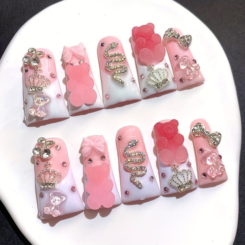 French Tip Press On Nails 10pcs Long Duckbill Pink White Glitter AB Glass Rhinestone – Cute Sugar Bear Cartoon Handmade Wearable False Nails for Wedding, Party, Back to School, Gif - product image 6
