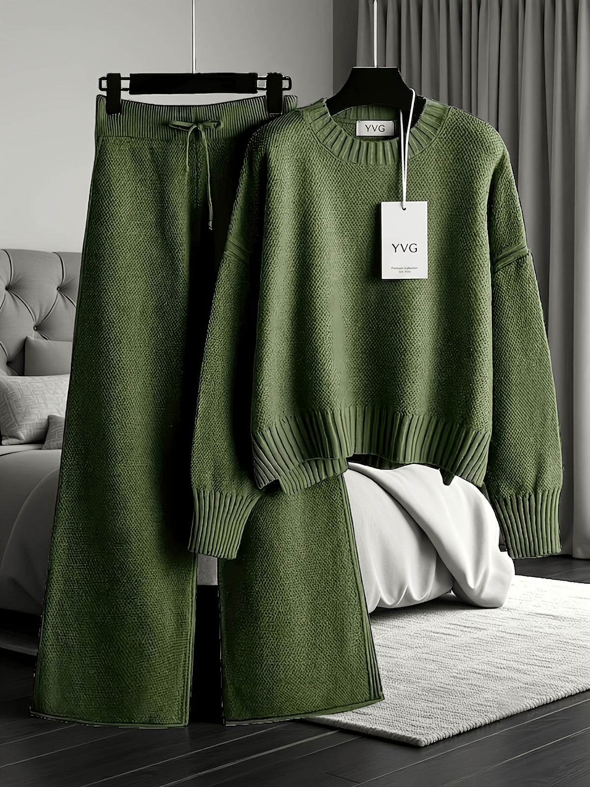 Authentic - Women's Early Autumn Comfortable and Breathable Waffle Texture Two-Piece Set: Round Neck Shoulder- Long Sleeve Hoodie, High-Waist Wide-Leg - product image 22