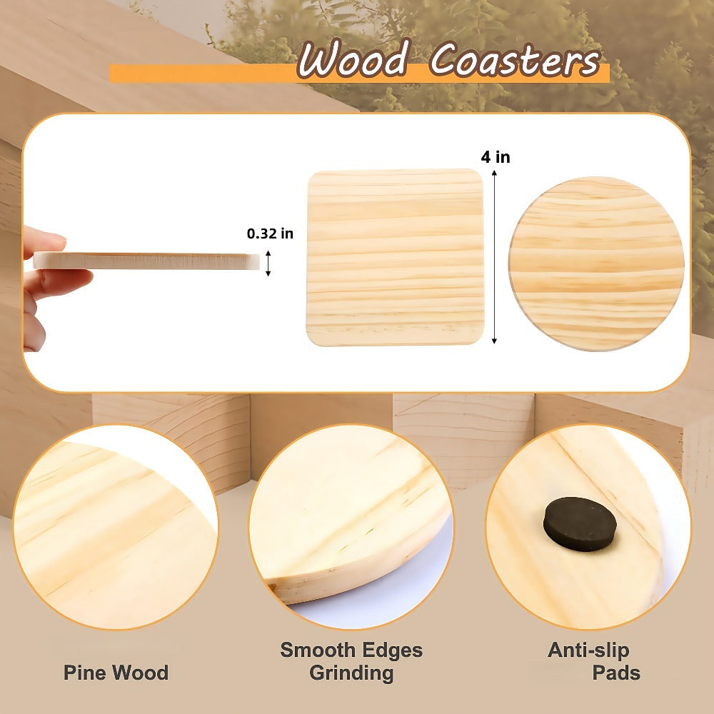Unfinished Wood Coaster Blanks 4 Inch Round Square DIY Craft Supplies for Painting Engraving Burning with Non-Slip Felt Stickers Handmade Gift Home Decor Christmas Halloween Weddin - product image 2