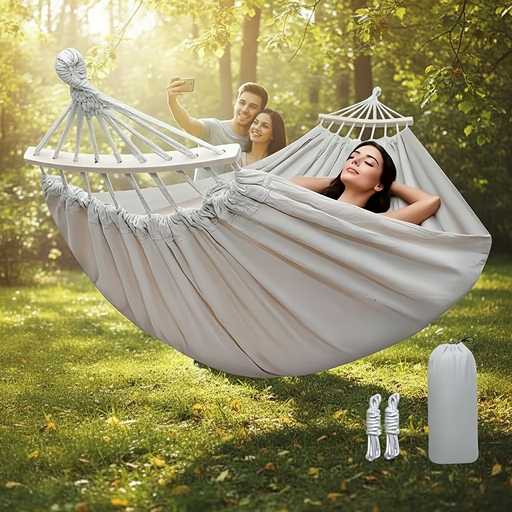 Outdoor Woven Hammock with Wooden Spreader Bar – Hanging Chair Swing Bed for Garden, Courtyard, Park & Balcony (No Frame Included) – Thickened Nylon Rope, Single or Double Size