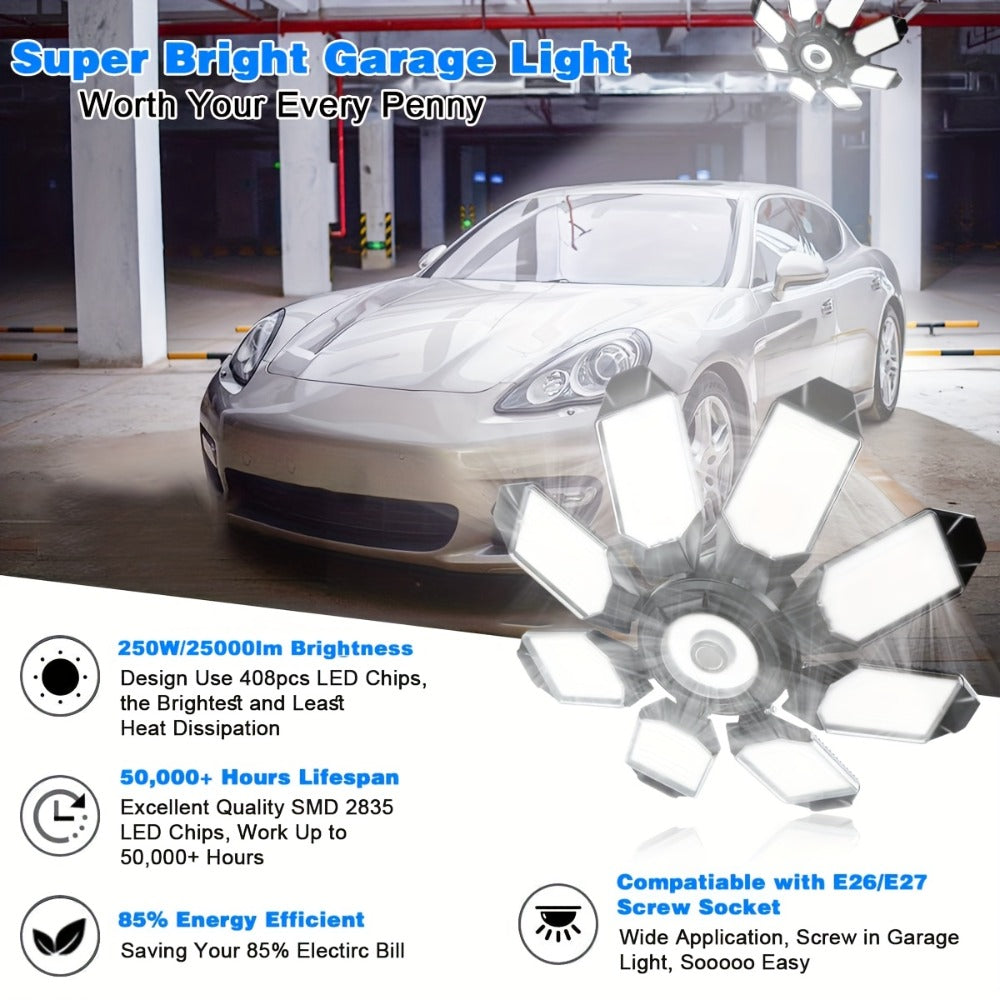 LED Garage Lights 25000LM Deformable – 250W Equivalent E26/E27 Screw-In Ceiling Shop Light with 6+1 / 8+1 Adjustable Panels for Garage, Basement, Attic & Warehouse (1, 2 or 4-Pack) - product image 6