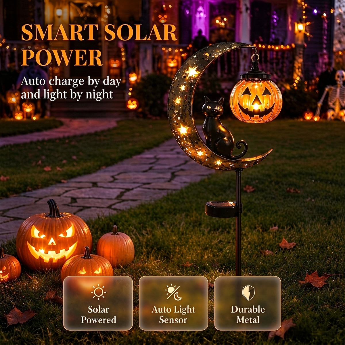 [3D] One Halloween Black Cat and Pumpkin Garden Post, Crescent-shaped Black Cat and Hanging Pumpkin, Outdoor Halloween Garden Decoration for Garden, Courtyard - product image 7