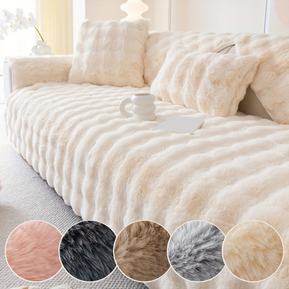 Faux Rabbit Plush Sofa Cover Winter Warm Thickened Anti-Slip Pet Friendly Cushion Protector for Living Room Bedroom Office 1 2 3 4 Seater - product image