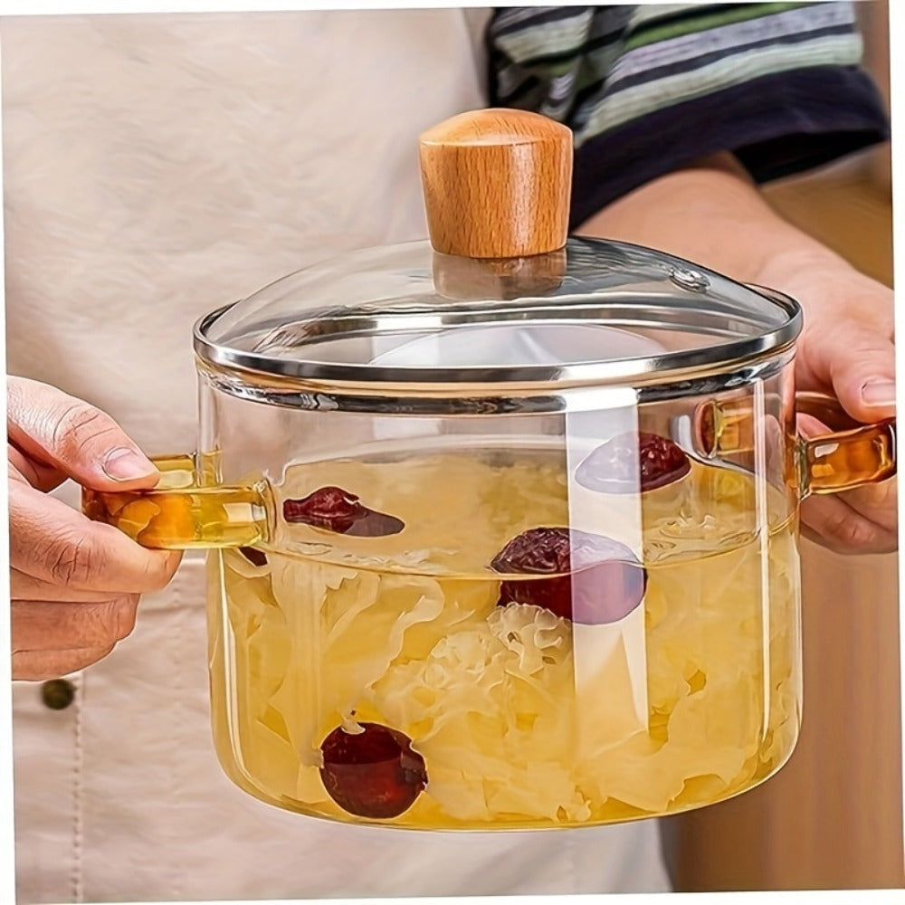 Borosilicate Glass Pot with Lid 50oz Stovetop & Microwave Safe – Double Heat-Resistant Handles for Soup, Milk & Porridge | Transparent Glass Saucepan Kitchen Cooker with Yellow or  - product image