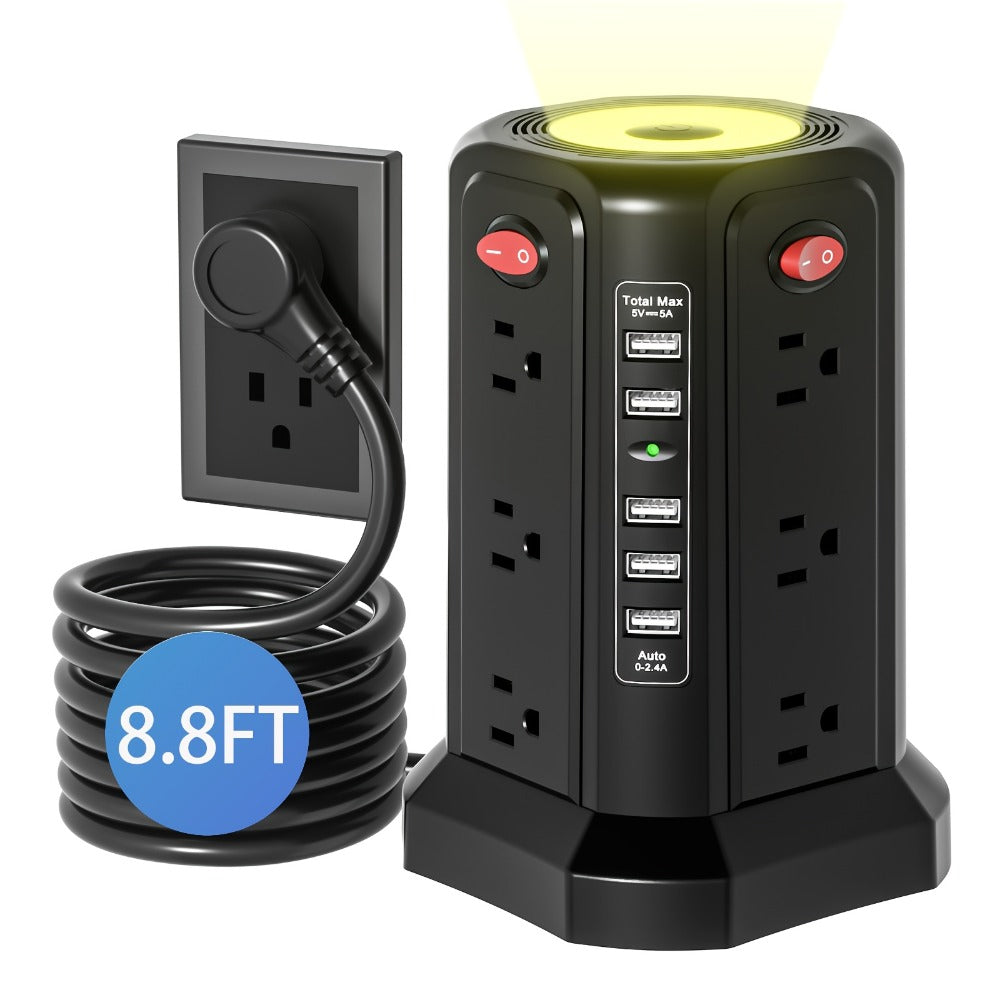 Surge Protector Power Strip Tower with 12 AC Outlets 5 USB Ports 8.8FT Extension Cord Night Light 4 Individual Switches Overload Protection for Home Office Desk Dorm Room - product image 7