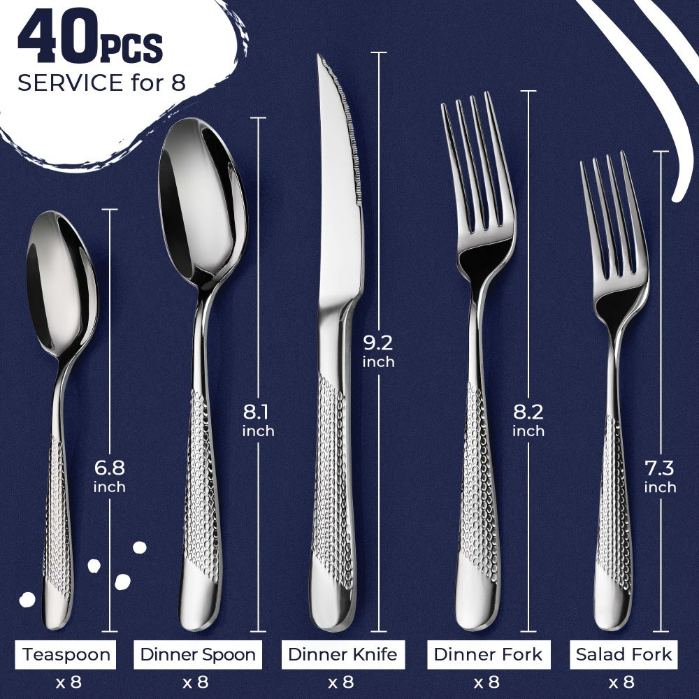 Stainless Steel Flatware Set 40/48 Piece – 304 Silverware Set for 8 Hammered Mirror Polished Rose Gold Cutlery with 2-in-1 Serrated Knife Dishwasher Safe Modern Utensils for Home R - product image 6