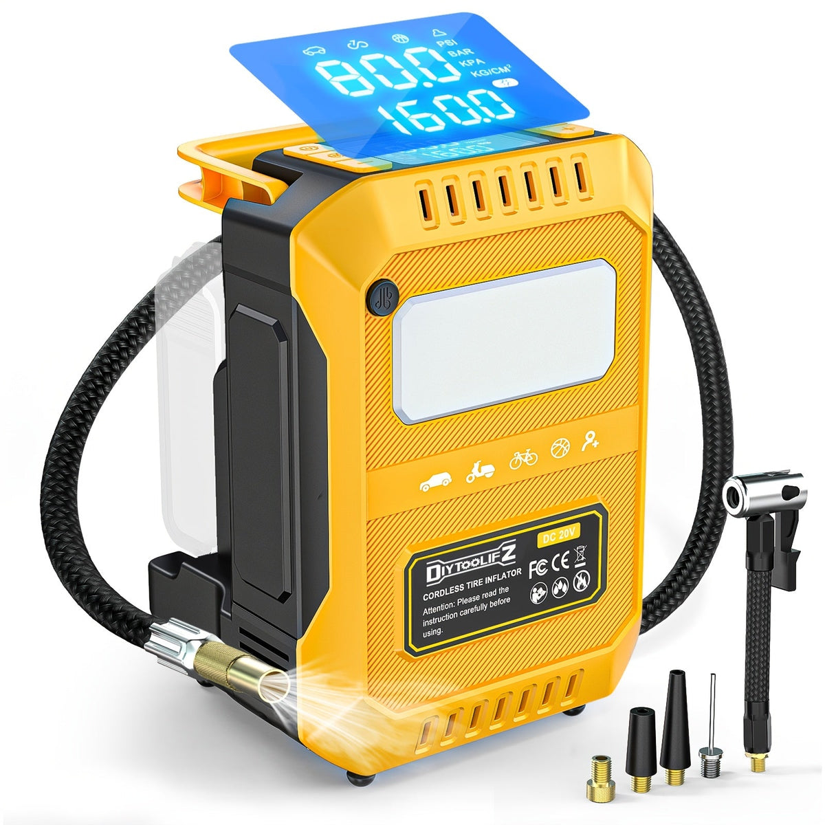 Cordless Tire Inflator 160PSI Portable Air Compressor Compatible with DeWalt 20V / 18V Battery – Digital Pressure Gauge, Fast Inflation for Cars, Motorcycles, Bicycles & Sports Bal - product image 14