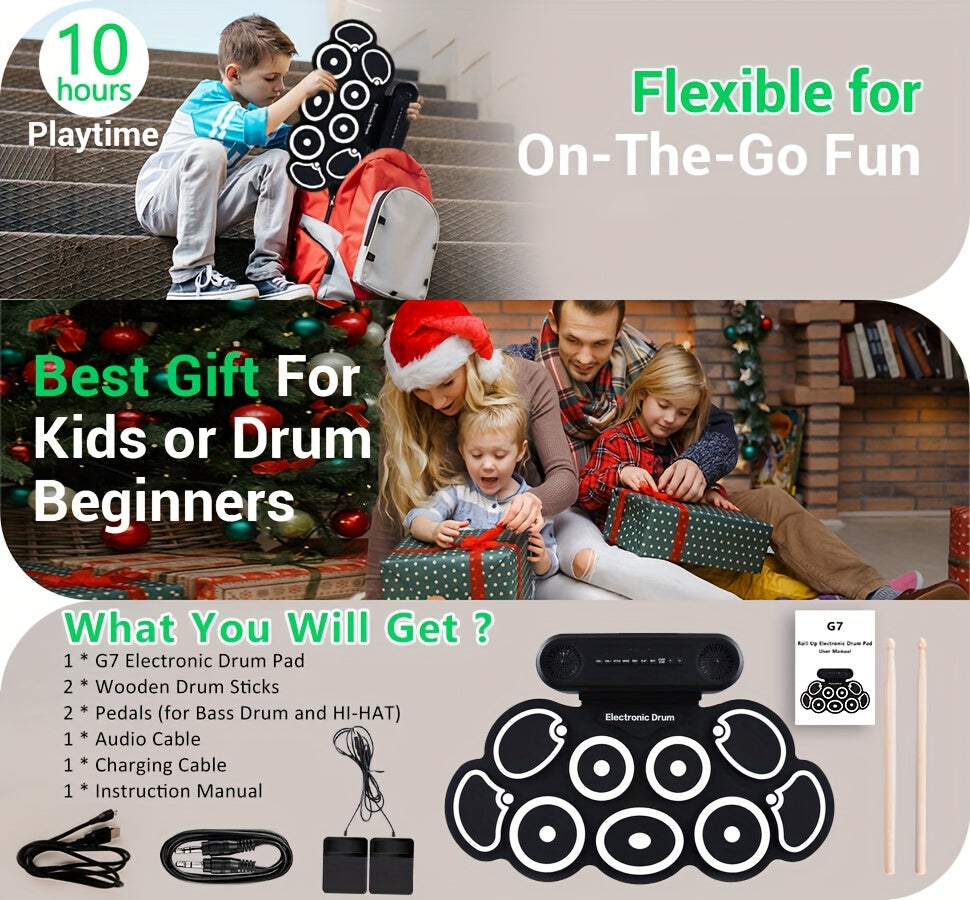 Electronic Drum Set, 9-Pads Roll-Up Electric Drum Pad Kit with Headphone Jack 10Hrs Playtime Built-in Speaker with Drumsticks Pedals, Xmas Birthday Gift for - product image 11