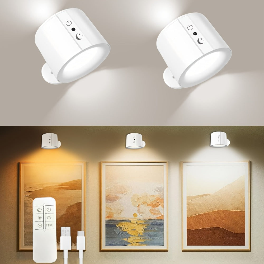 USB Rechargeable LED Wall Light 2 Pack – 360° Rotating Magnetic Ball Touch Control Reading Lamp with 3 Color Temps – Wireless Wall Mounted or Desktop Light for Bedroom Living Room - product image