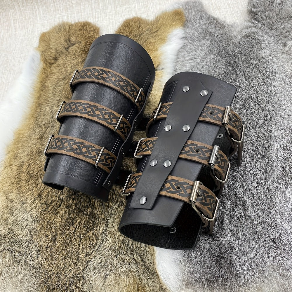 Embossed Renaissance LARP Cosplay Costume Accessory for Halloween, Stage Performance & Photography, Brown & Black, 2 pc – Medieval Faux Leather Bracers Viking - product image 6