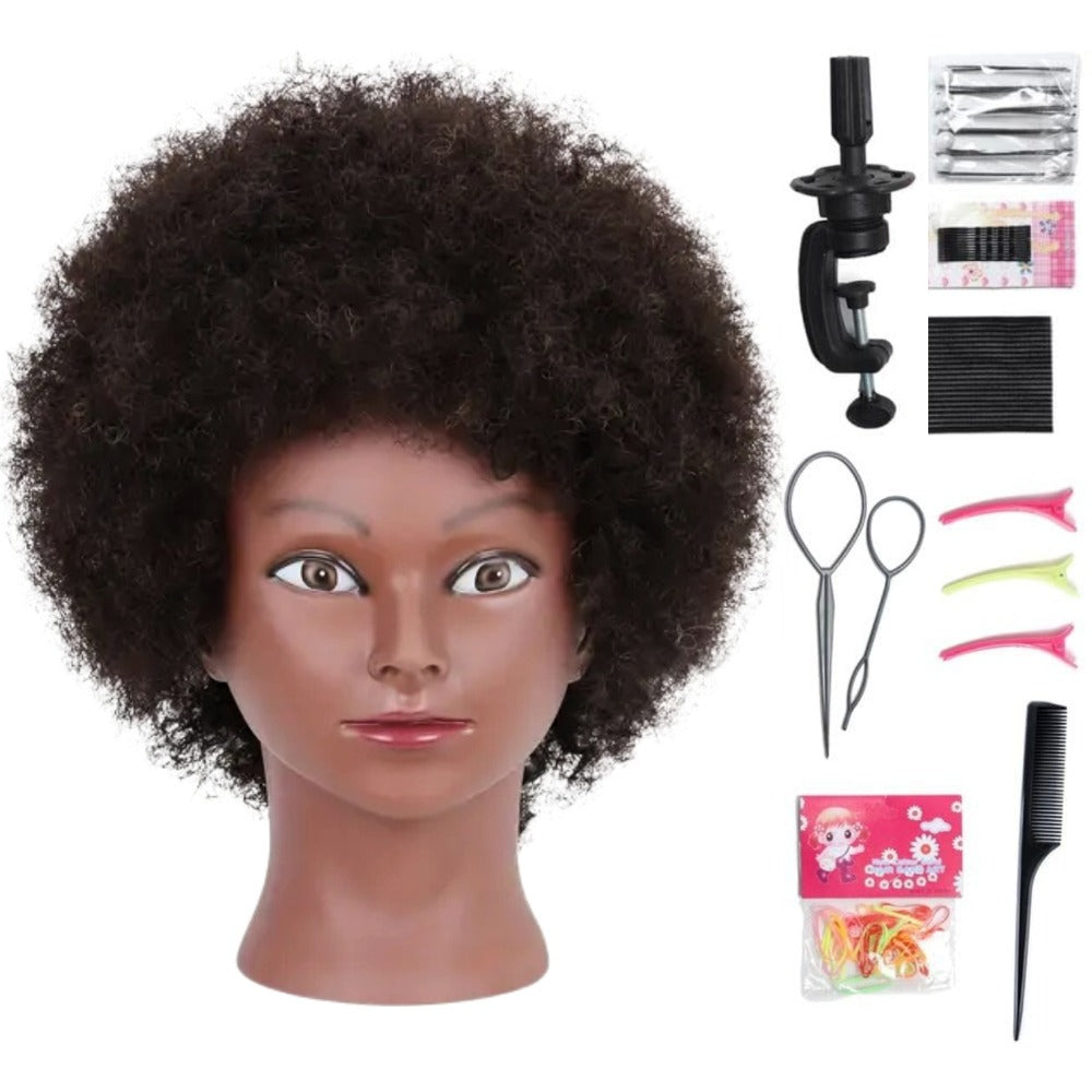 Mannequin Head Human Hair Afro Curly with Clamp Cosmetology Practice Training Head for Hairdresser Braiding Styling Cutting 4 Styles Natural Black - product image