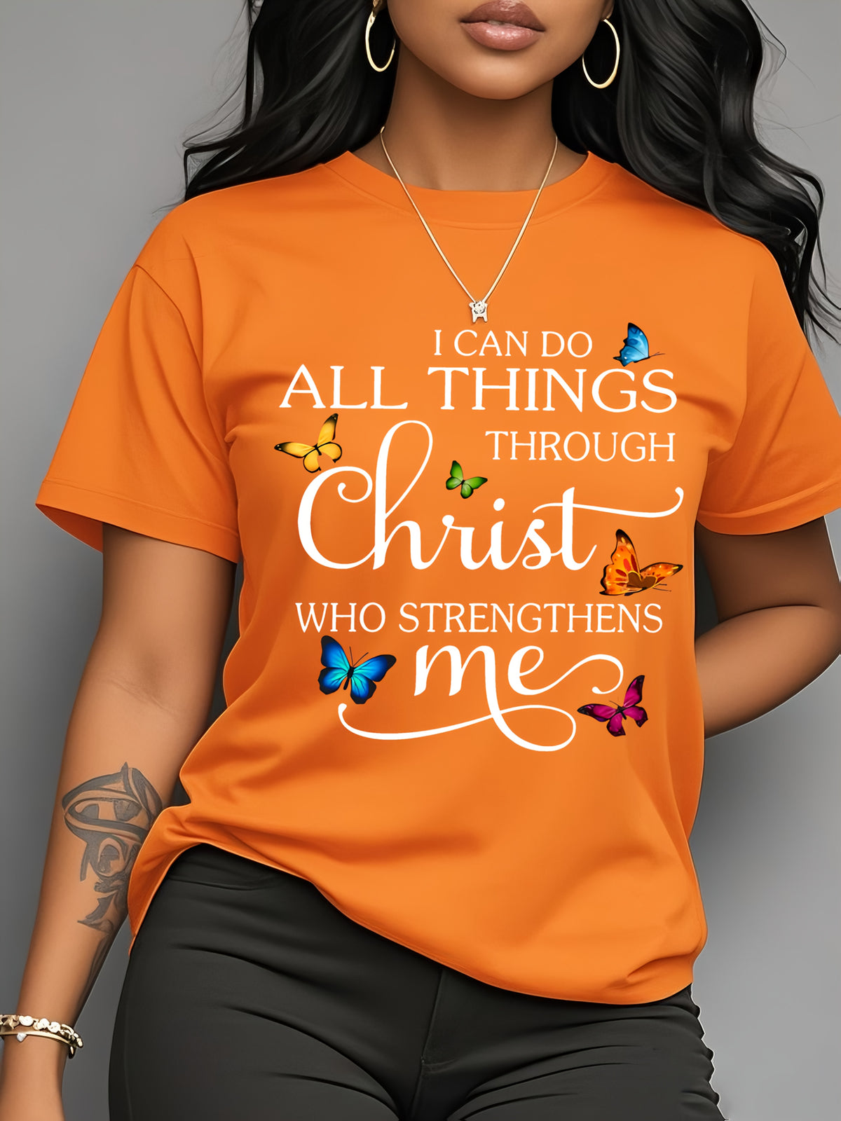Plus Size Women's T-Shirt "I Can Do All Things Through Christ", with Colorful Print, Pink Top, Machine Washable, Everyday Outfits, Christian Gifts, Durable - product image 12