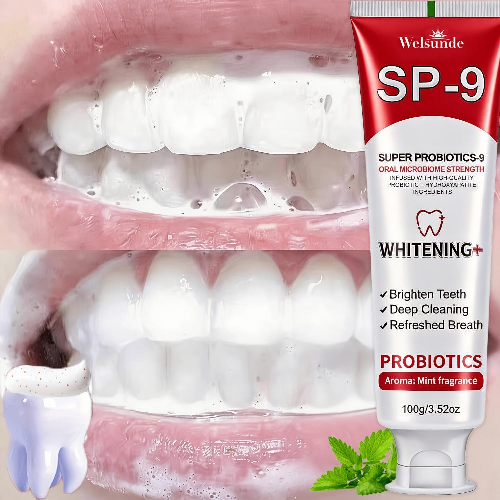 Probiotic Toothpaste with Hydroxyapatite – Super Probiotics-9 European Formula, Deep Cleaning & Gum Care, Mint Fresh Breath, Teeth Brightening Oral Care Gift for Women & Men, 100g - product image
