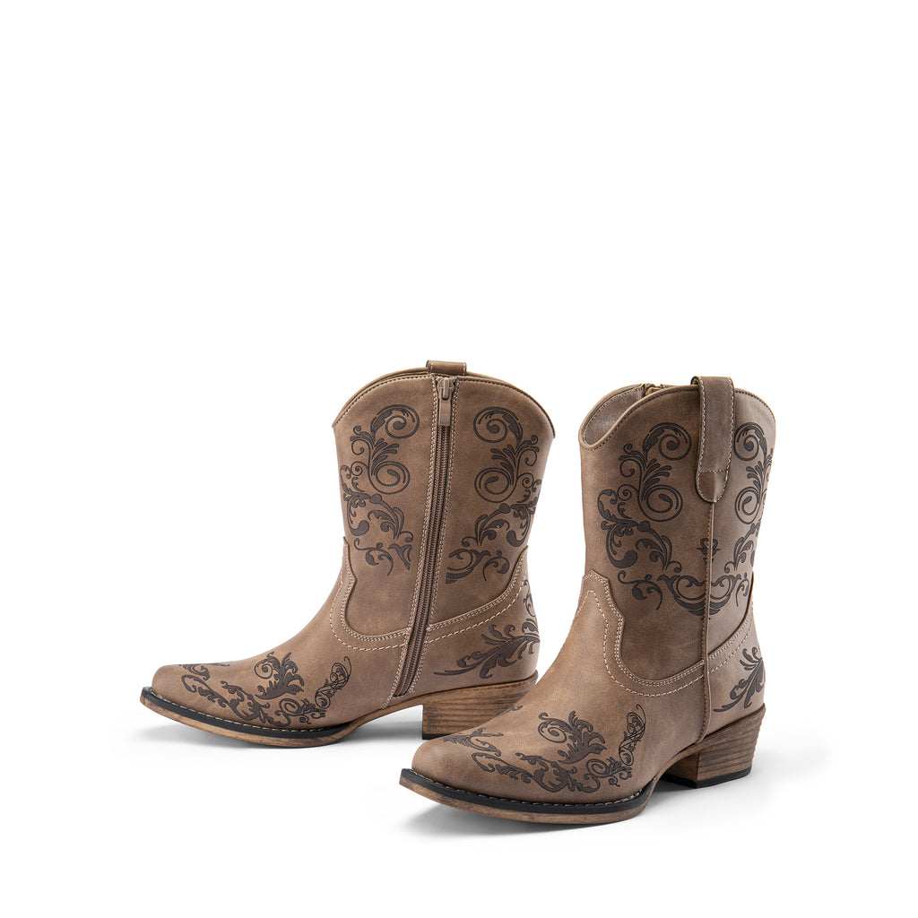 Women's Western Cowgirl Boots - Low Chunky Heel Square Toe Ankle Booties with French Heel & TPR Sole, Retro Round/for - Cowboy Boots for Ranch, Festival, Casual Wear (Zipper Closure), Women Shoes