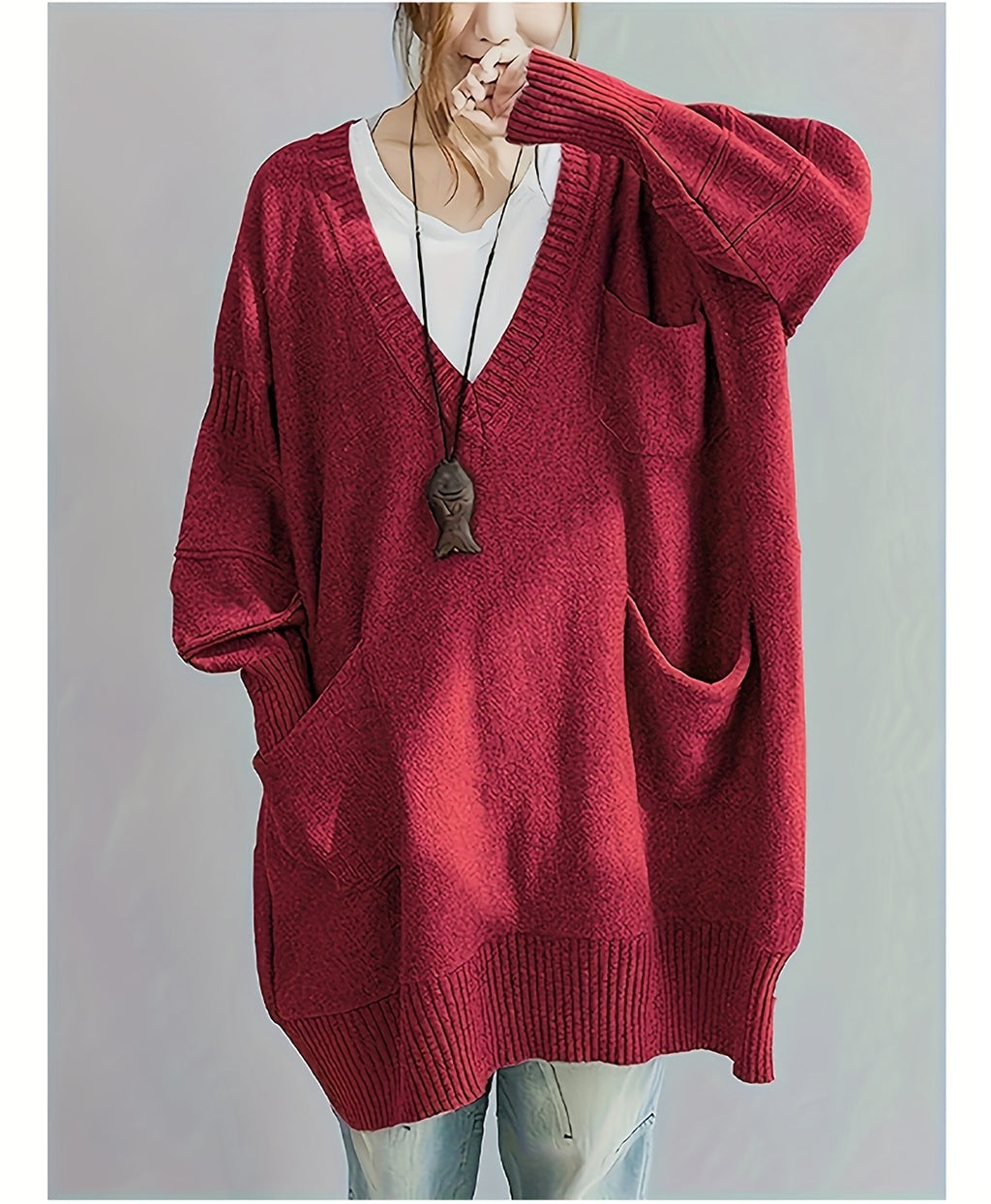 Plus Size, Women's Plus Size Oversized V-Neck Longline Sweater - Soft Machine-Washable Black Pullover for Fall Winter, Elegant Loose Fit Casual Chic Wardrobe - product image 28