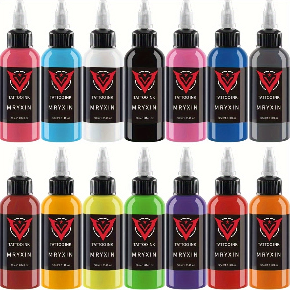 Tattoo Ink Set 14 Colors 1oz Per Bottle Premium Long-Lasting Fragrance-Free Vibrant Pigment Skin-Safe Body Art Ink for Outlining Shading Color Packing Tattoo Artists & Beginners - product image