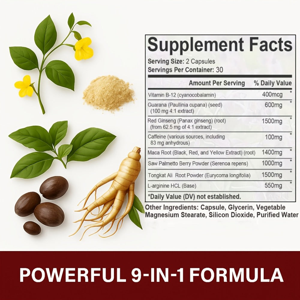 Red Ginseng Energy Capsules 9050mg with Maca & Saw Palmetto – Everyday Vitality & Stamina Supplement for Men & Women | Natural Energy Booster Softgels | 60 Count - product image 2