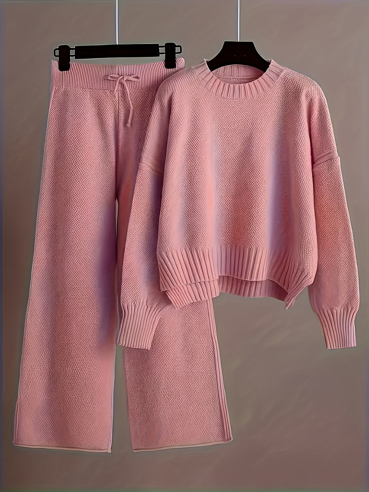 Authentic - Women's Early Autumn Comfortable and Breathable Waffle Texture Two-Piece Set: Round Neck Shoulder- Long Sleeve Hoodie, High-Waist Wide-Leg - product image 5
