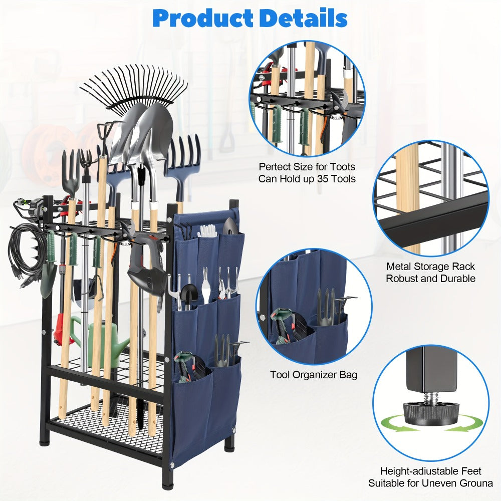Tool Storage Rack with Storage Bag – Metal Yard Tool Organizer for Garage Holds 35 Long-Handled Tools, Broom, Shovel, Rake Stand Holder, Heavy Duty Freestanding Garden Tool Rack fo - product image 5