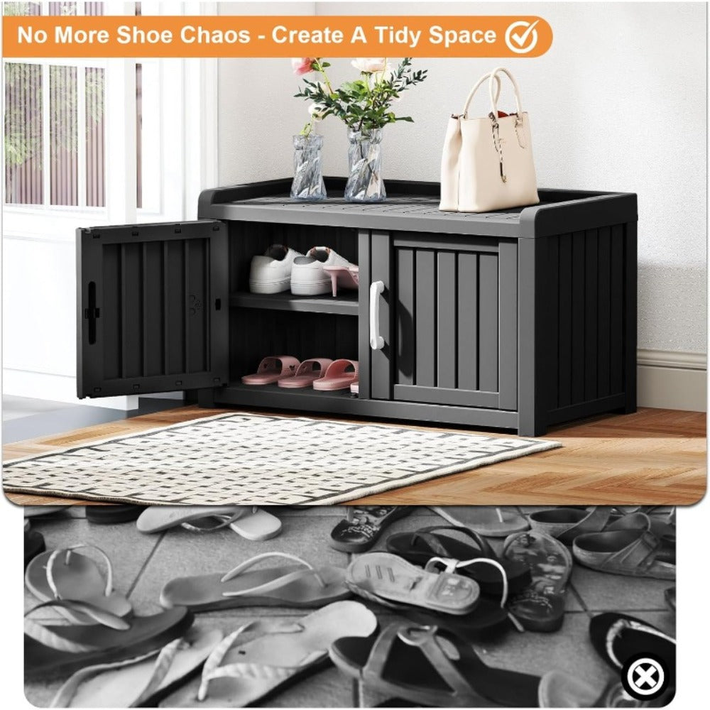 Shoe Storage Bench with Hidden Cabinet Entryway Bench All-Weather Resin Indoor Outdoor Porch Patio Mudroom Hallway Organizer - product image 5