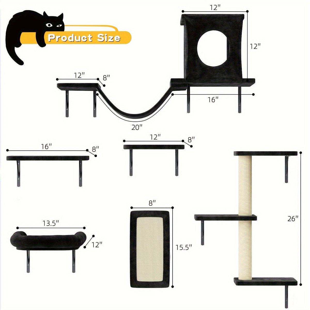 7-Piece Deluxe Wall Mounted Cat Furniture with Condo, Scratching Post, Bridge, Ladder & Tunnel for All Cat Sizes – Cat Wall Shelf Climbing Set - product image 2